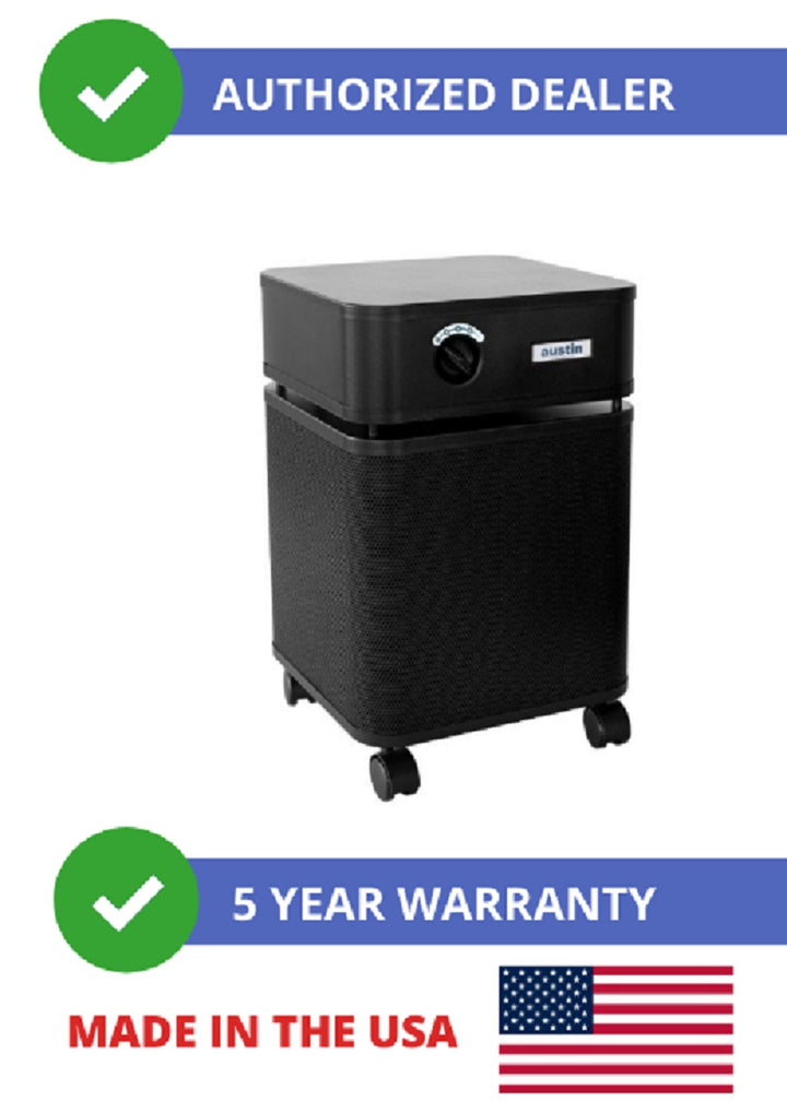 Austin Air HEPA Standard HealthmatePlus Machine B450B1 Black 120 Volt air purifier with warranty and USA flag.