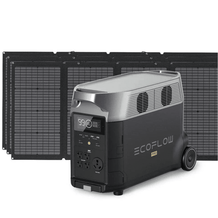 EcoFlow DELTA Pro portable power station with three 220W solar panels for renewable energy and mobile power backup.