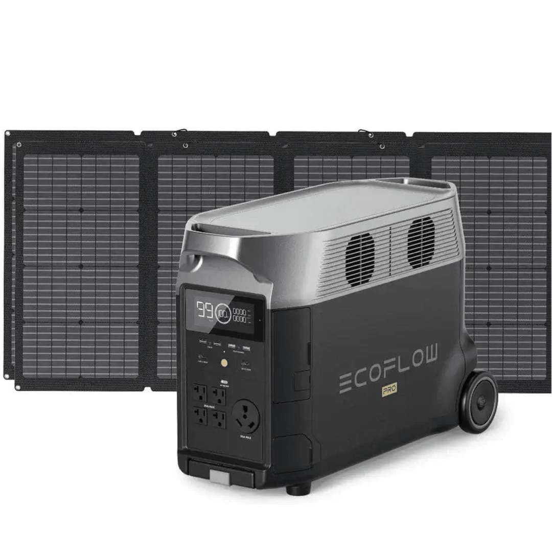 EcoFlow Delta Pro 3600W portable power station with six 220W solar panels for renewable energy and outdoor power needs.
