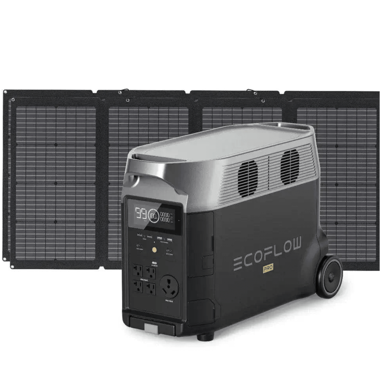 EcoFlow Delta Pro 3600W portable power station with six 220W solar panels for renewable energy and outdoor power needs.