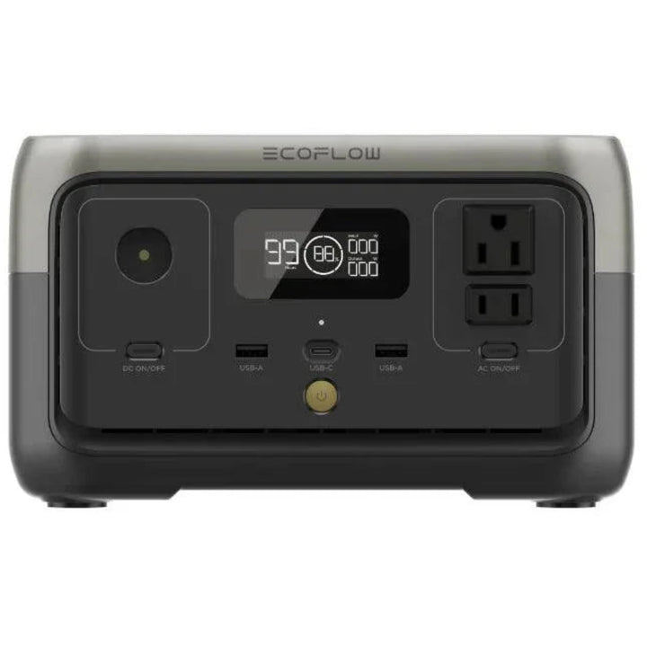 EcoFlow RIVER 2 Portable Power Station Lightweight Reliable Fast Charging Energy with multiple ports and digital display.