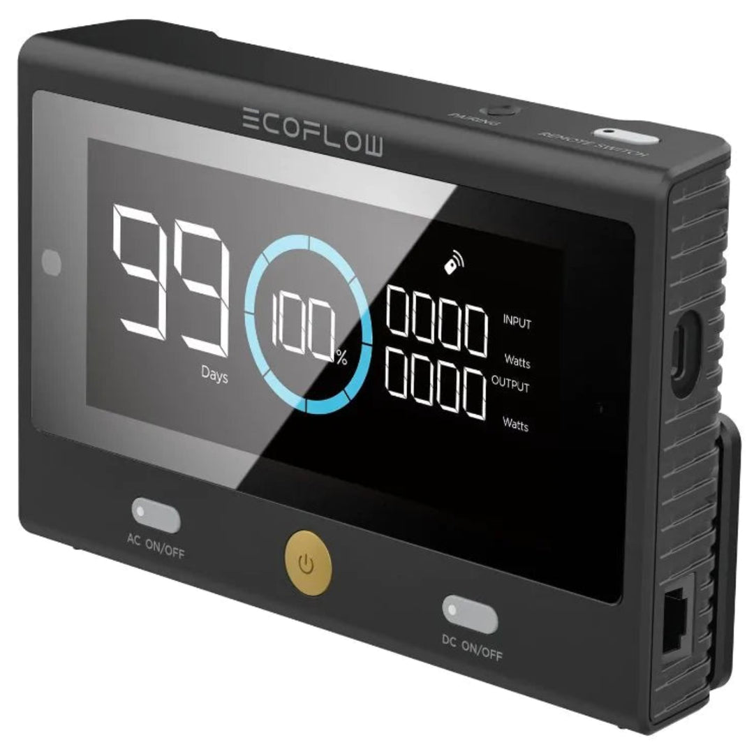 EcoFlow Delta Pro remote control with Bluetooth for monitoring, featuring a compact design and easy-to-use interface.