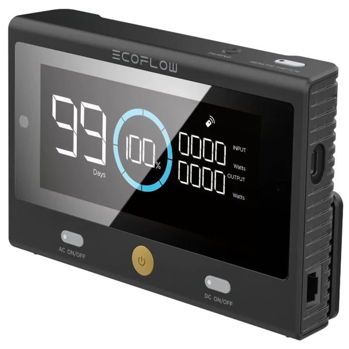 EcoFlow Delta Pro remote control with Bluetooth for monitoring, featuring a compact design and easy-to-use interface.