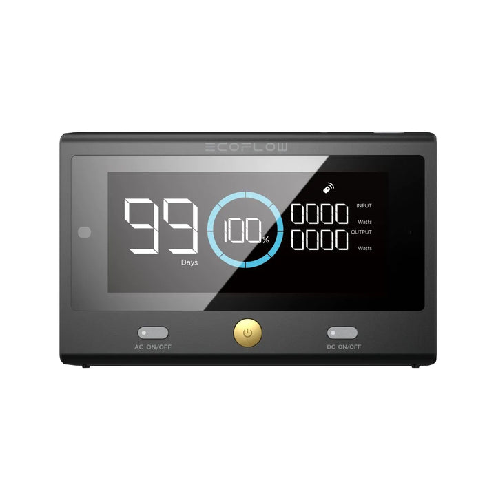 EcoFlow DELTA Pro remote control with Bluetooth for monitoring, featuring a compact design and interface buttons.