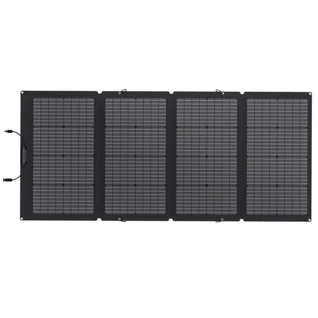 EcoFlow NextGen 220W bifacial solar panel kit for camping and RV, showing the sleek, durable design of the EcoFlow solar panel outdoors.