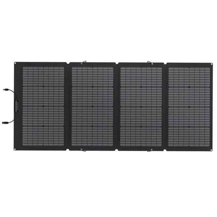 EcoFlow NextGen 220W bifacial solar panel kit for camping and RV, showing the sleek, durable design of the EcoFlow solar panel outdoors.