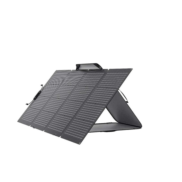 EcoFlow NextGen 220W bifacial solar panel kit for camping and RV, showing the black solar panel with mounting frame and outdoor setting.