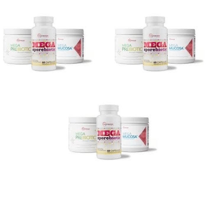 Microbiome Labs Total Gut Restoration Program Kit with three digestive health support products by MHP, designed to improve gut health.
