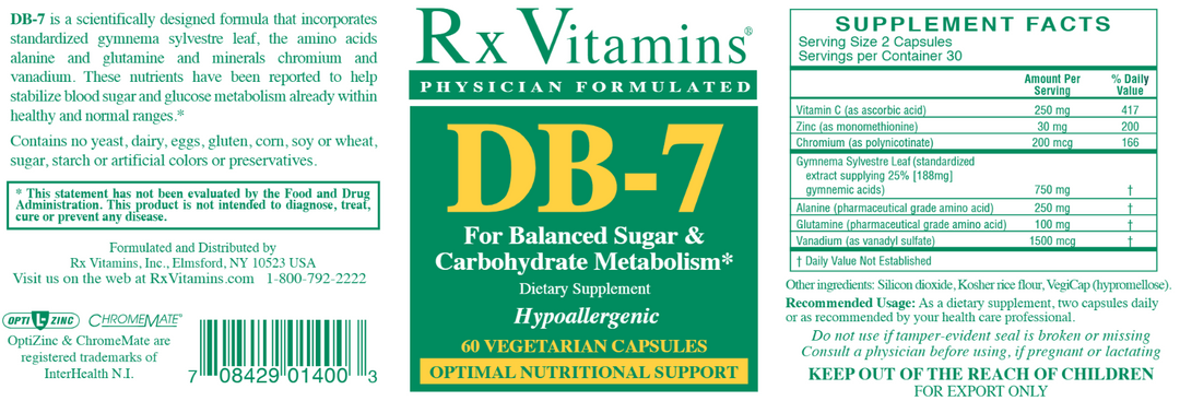 Rx Vitamins DB 7 Sugar Carbohydrate Metabolism Support 60 Capsules product label with supplement facts