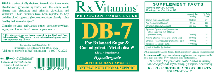 Rx Vitamins DB 7 Sugar Carbohydrate Metabolism Support 60 Capsules product label with supplement facts