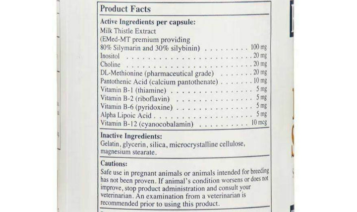 Rx Vitamins For Pets Hepato Support 90 Caps active ingredients list including Milk Thistle, Vitamins, and Choline.