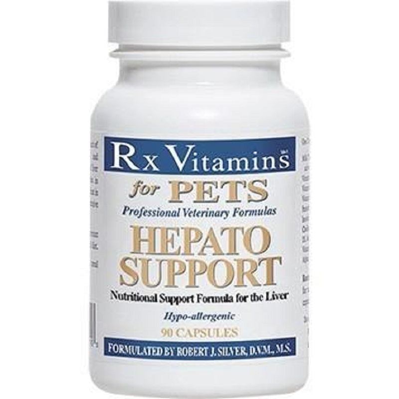 Rx Vitamins For Pets Hepato Support 90 Caps Liver Health Supplement for dogs and cats in a white capsule bottle.