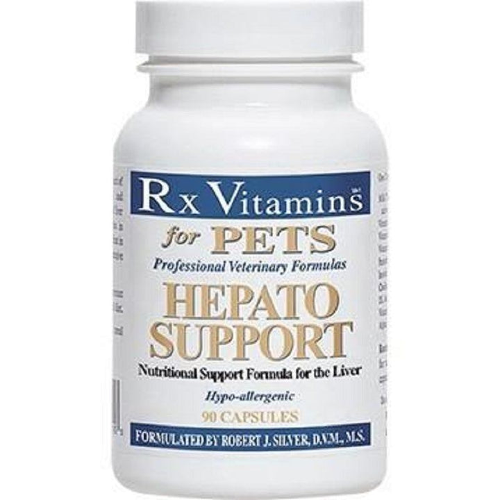 Rx Vitamins For Pets Hepato Support 90 Caps Liver Health Supplement for dogs and cats in a white capsule bottle.