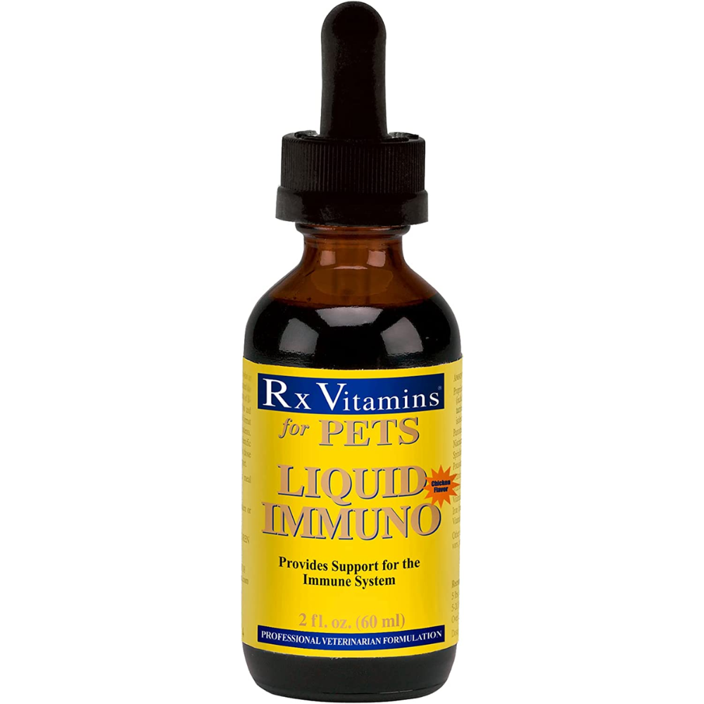 Rx Vitamins For Pets Liquid Immuno Chicken Supplement 2 oz bottle for dogs and cats, supports immune system health.