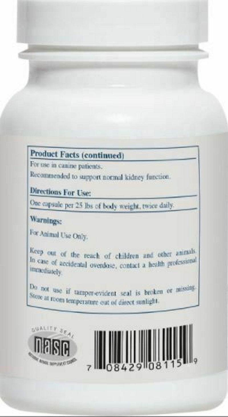 Rx Vitamins For Pets Rx Renal Canine bottle back label with directions and warnings for kidney support in dogs.