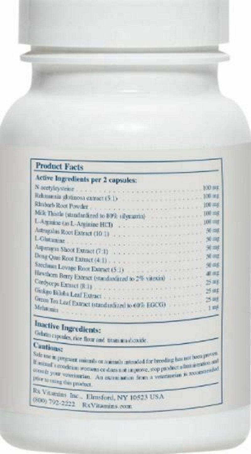 Rx Vitamins For Pets Rx Renal Canine product facts for kidney support capsules for dogs.