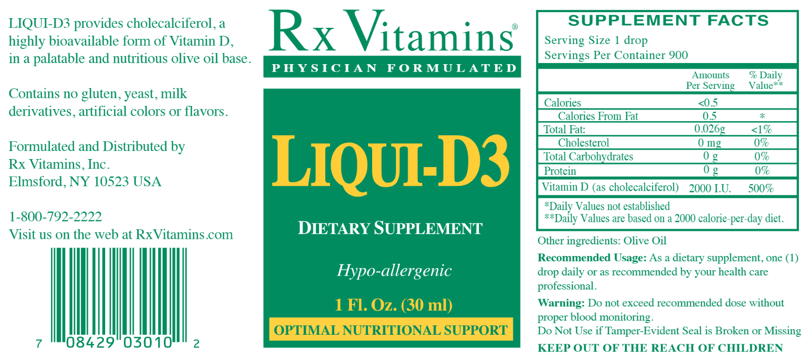 Rx Vitamins For Human Liqui D3 1 Oz High Absorption Vitamin D3 Supplement label with supplement facts and dosage info.