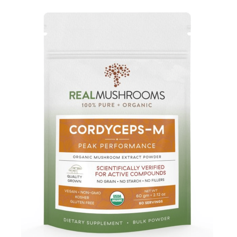 Organic Cordyceps mushroom extract powder in a clear jar, highlighting the natural, bulk supplement form from Real Mushrooms by MHP.