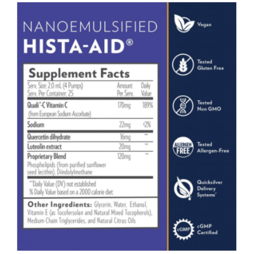 Quicksilver Scientific Hista-Aid Vitamin C and Diindolylmethane supplements in a 2-pack, dietary vitamins and immune support capsules.