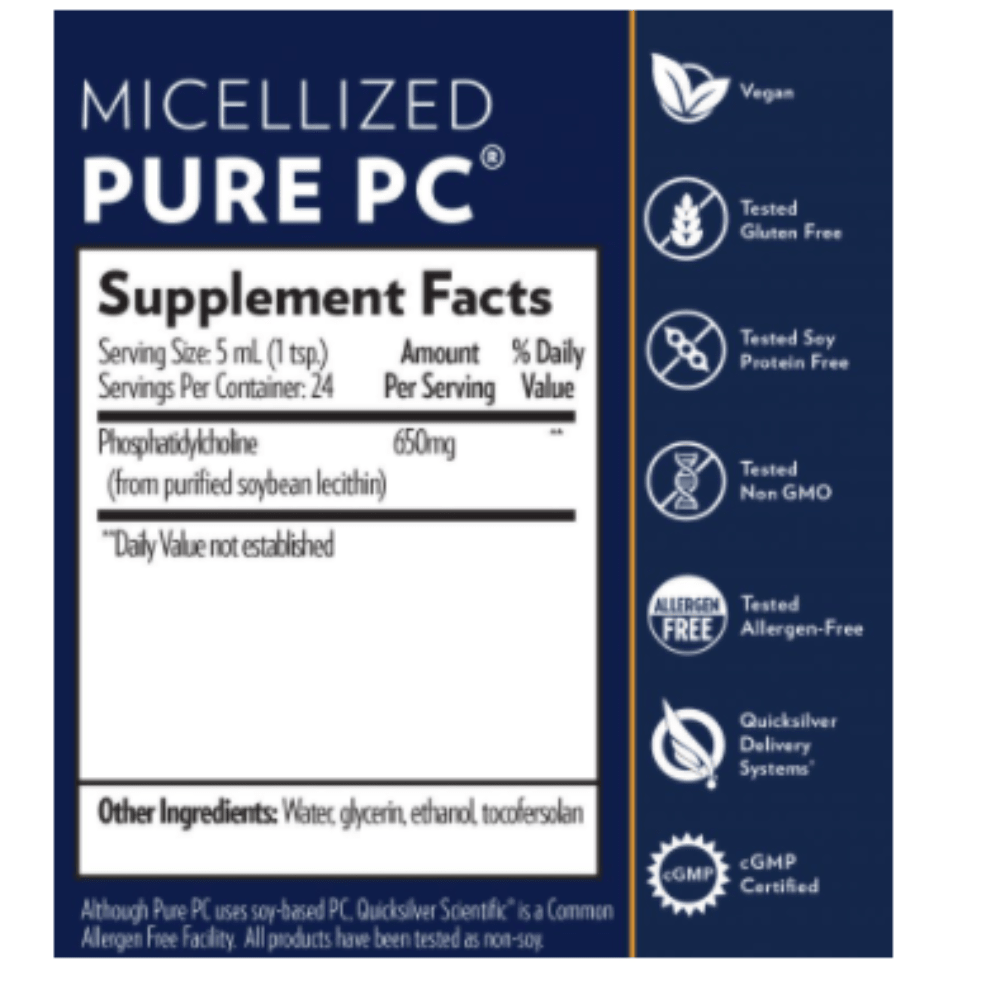 Two 4 oz bottles of Quicksilver Scientific Pure PC phosphatidyl choline supplement from WEBMHP, screw top bottles, vitamins and supplements.
