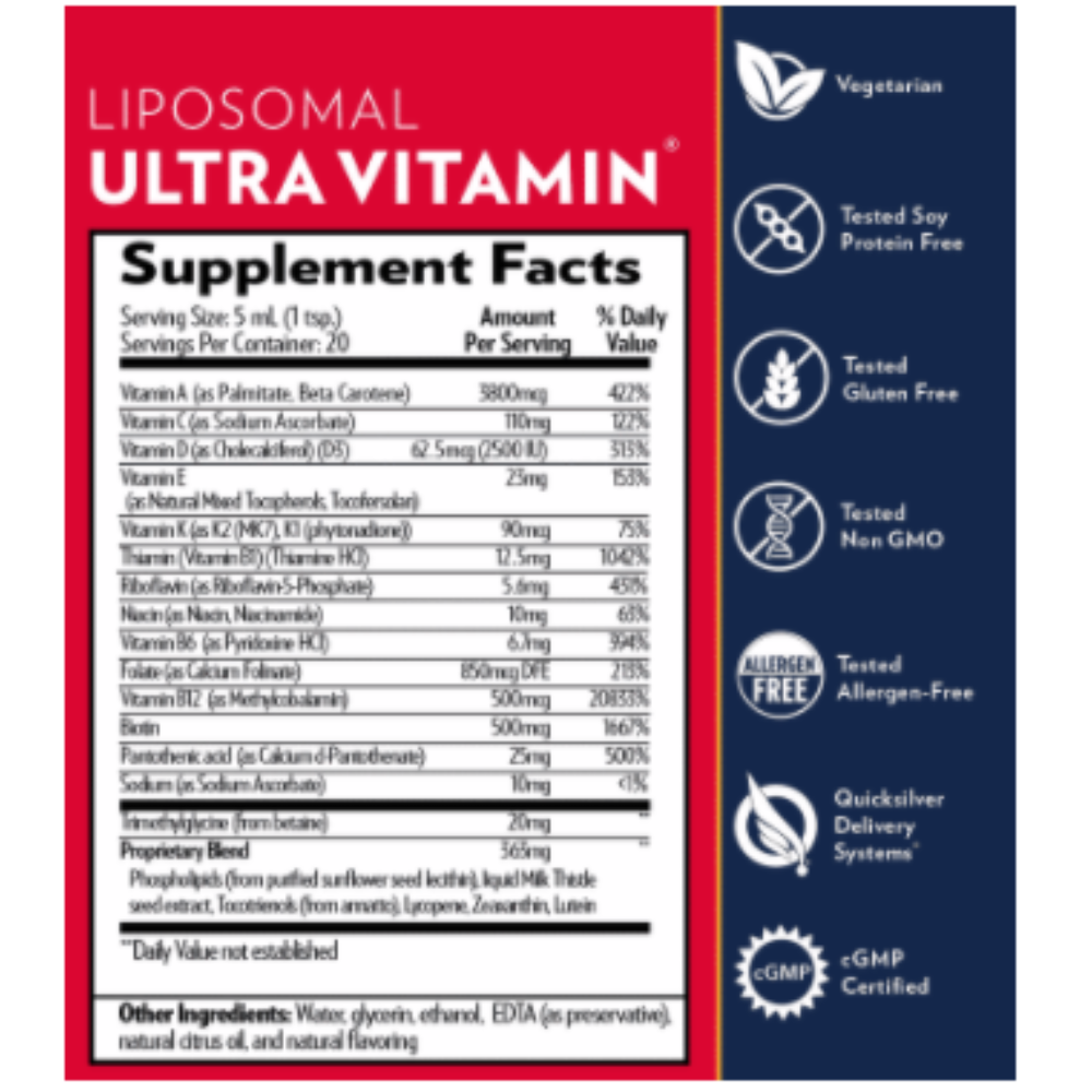 Two bottles of Quicksilver Scientific Quicksilver Ultra Vitamin, 3.38 fl oz, dietary supplement from WEBMHP, in a 2-pack.