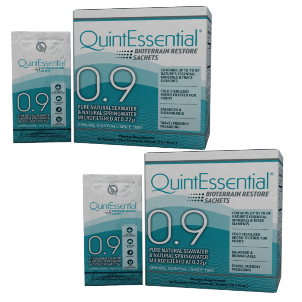 Quicksilver Scientific QuinEssential 0.9 sachet box of vitamins and supplements, 3-pack, by WEBMHP, with individual sachets visible.