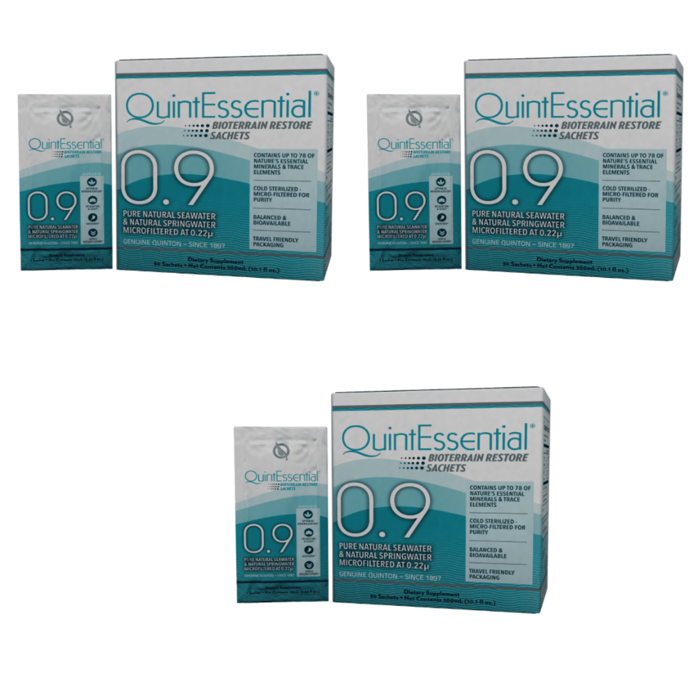 Quicksilver Scientific QuinEssential 0.9 Sachet Box vitamins and supplements, 3-pack by WEBMHP, with individual sachets for health support.