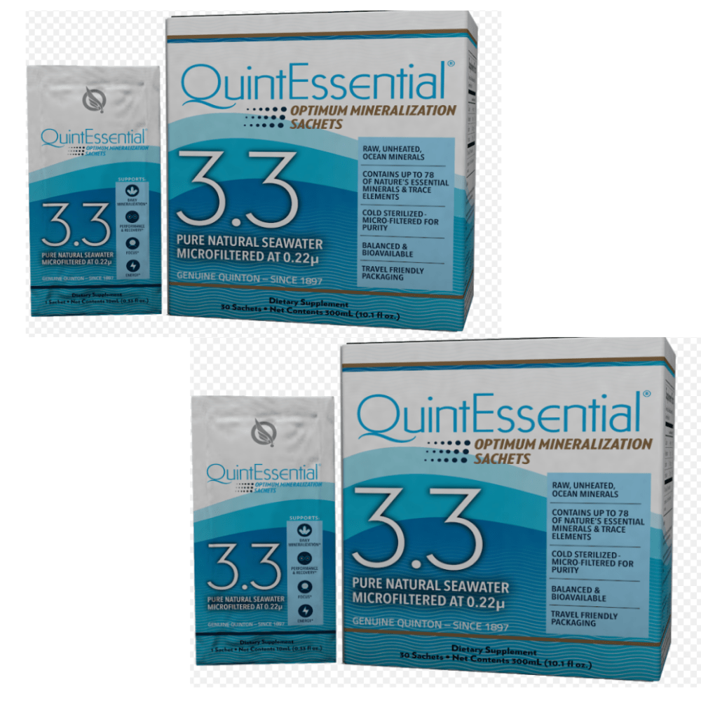 Quicksilver Scientific QuinEssential 3.3 sachets vitamin supplement pack showing three sachets in a clear container.